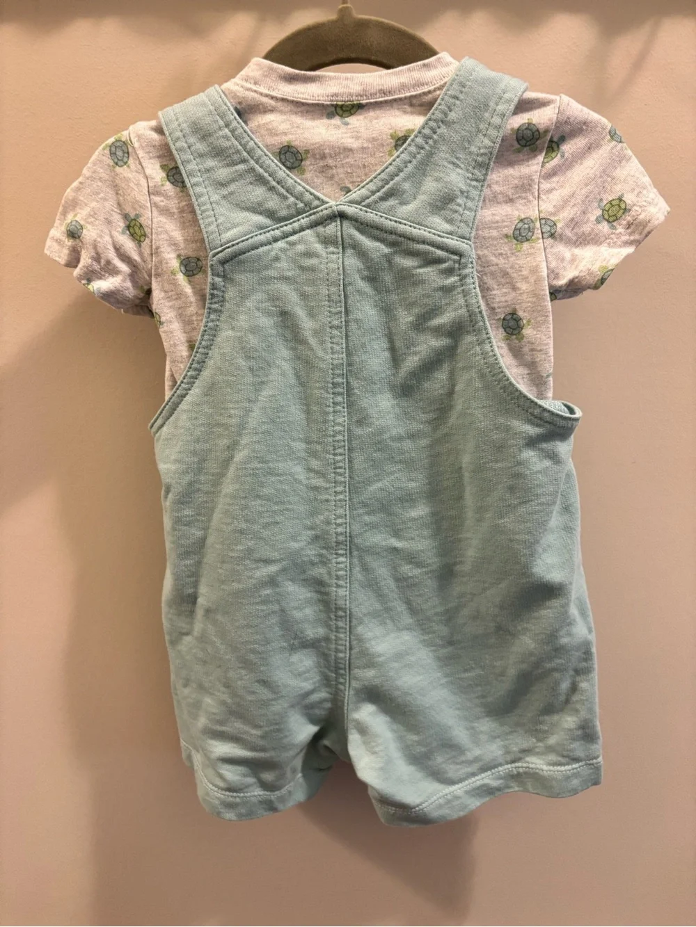 Little Me Light Blue Turtle Embroidered Short Overalls Set